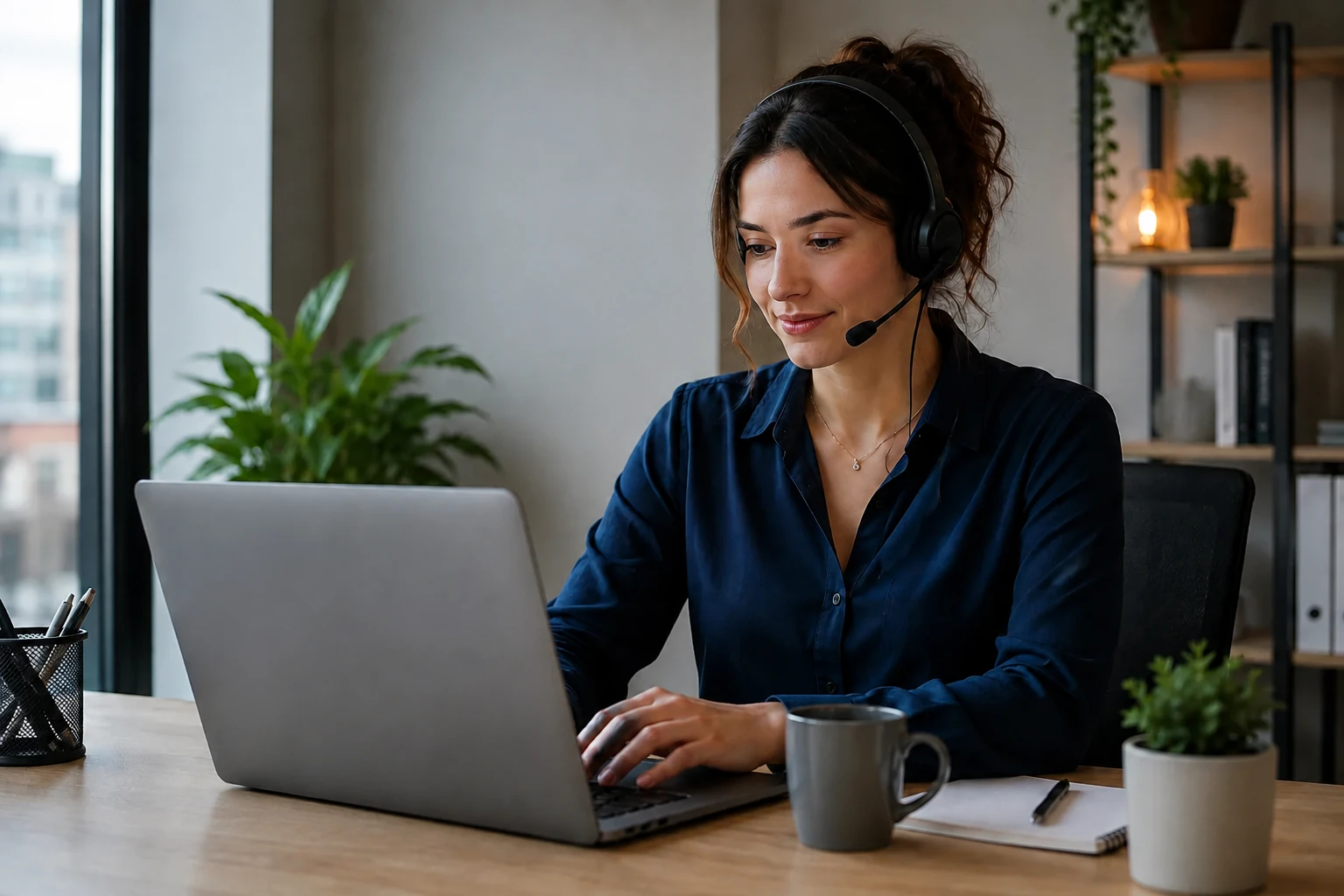 Professional working remotely at a laptop with a headset